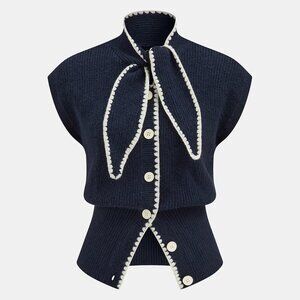 Commense -  Contrast Trim Tie Neck Knit Vest  - XL Navy